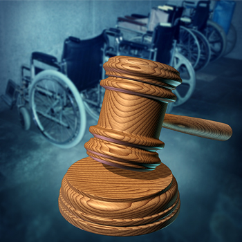 Picture collage of a judge's gavel and a line of wheelchairs.